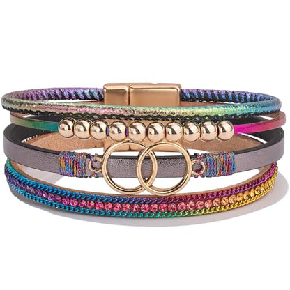Chunky Boho Leather Wrap Bracelets Cowgirl Beaded Circle Western Jewelry | Stackable Infinity Layered Bohemian Magnetic Clasp Cuff Statement Fashion Colorful Country Hippie Outfits for Women Trendy - color: Rainbow