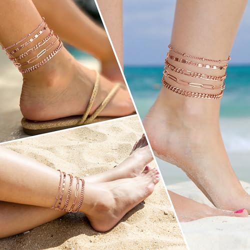 Gokeey Ankle Bracelets for Women Waterproof, 14k Gold Plated Jewelry Set Layered Cuban Figaro Link Chain Anklets Set Gold Anklets Summer Boho Beach Jewelry Gift Adjustable Size - color: Rose Gold