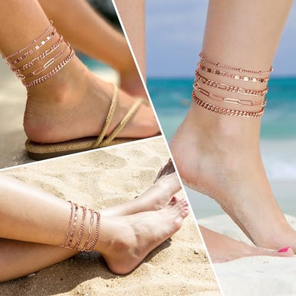 Gokeey Ankle Bracelets for Women Waterproof, 14k Gold Plated Jewelry Set Layered Cuban Figaro Link Chain Anklets Set Gold Anklets Summer Boho Beach Jewelry Gift Adjustable Size - color: Rose Gold