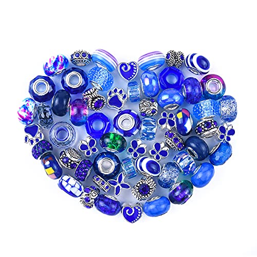 Aipridy European Large Hole Beads, Colorful Glass Charm Beads Set, Assorted Patterns and Designs Rhinestone Craft Beads for DIY Bracelet Jewelry Making (60, Dark Blue Resin+Alloy) - color: Dark Blue Resin+Alloy