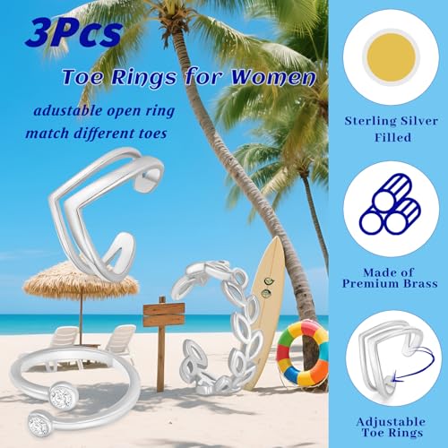 3PCS Toe Rings for Women 14K Gold Filled Adjustable Toe Ring Set Cute CZ Leaf Double Band Open Toe Rings Sterling Silver Plated Hawaiian Beach Summer Foot Jewelry - color: A-Silver
