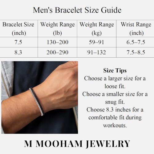 M MOOHAM Mens Bracelet, Black/Silver-Plated Chain Bracelets for Men | Stainless Steel Wheat Rope Figaro Cuban Link Chain Bracelet, Jewelry Gifts for Men, 7.3/8.5 Inch