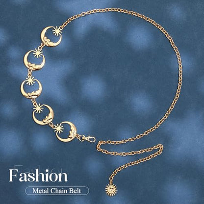Chain Belt for Women Fashion Metal Waist Chain Belt for Dress Jeans - size: Fit Waist Up to 35'', style: Gold-moon