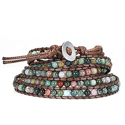 Emibele Layered Leather Bracelet, Rivet Leopard Print Bohemian Style Multilayer Wrap Bracelet, Handmade Agate Amethyst Chakra Crystal Glass Beaded Shell Bracelet for Women - color: Agate green