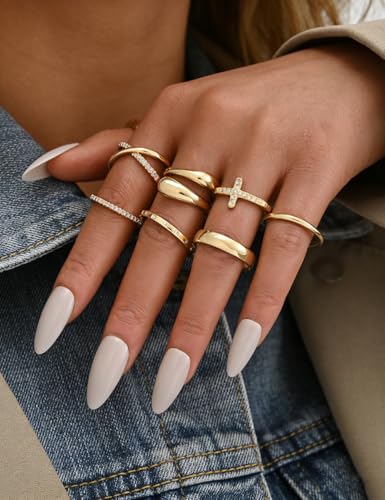 iF YOU Non Tarnish Chunky Gold Rings for Women, 14K Gold Plated Dainty Stackable Cross Cubic Zirconia Ring Set, Knuckle Stacking Pinky Thumb Ring Statement Wedding Bands Jewelry Size 4.5-10 - color: Gold