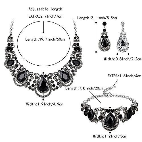 Women's Statement Jewelry Set for Wedding Prom Accessories | Shiny Teardrop Crystal Cluster Hollow Necklace Dangle Earrings Chain Bracelet Set for Bride Bridesmaid - color: Black Silver-Tone