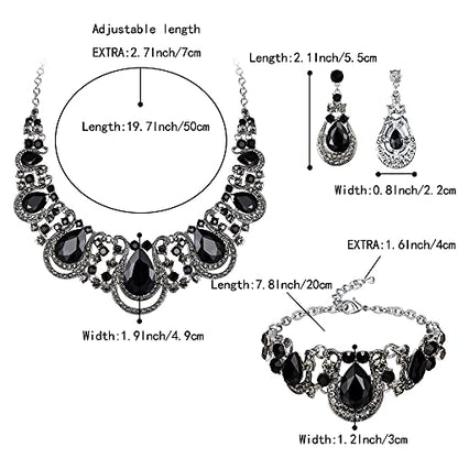 Women's Statement Jewelry Set for Wedding Prom Accessories | Shiny Teardrop Crystal Cluster Hollow Necklace Dangle Earrings Chain Bracelet Set for Bride Bridesmaid - color: Black Silver-Tone