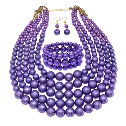 Faux Big Pearl Srand Necklaces for Women 5 Layers Pearls Choker Bib Collar Necklace Bracelet and Earrings set 1920s Costume Pearl Jewelry Bridal Wedding - color: purple