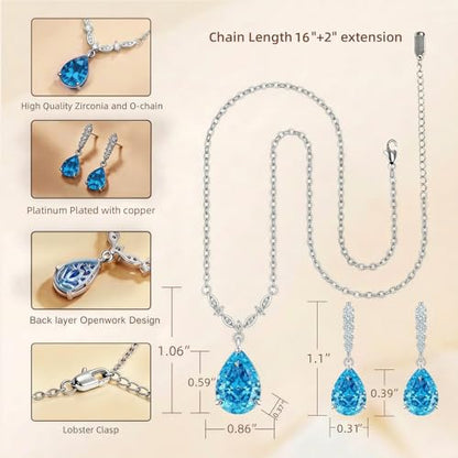 Platinum Plated Cubic Zirconia Teardrop Pendant Necklace Dangle Earrings Set, Silver Jewelry Set for Women,Wedding Jewelry Set for Bride,Bridesmaid Jewelry Gift, Gift for Valentine's Day, Birthday - color: Blue