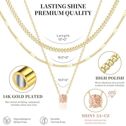 WomenGifts Layered Gold Necklaces for Women, 14K Gold Sterling Silver Plated Dainty Pendant Necklace Set Non Tarnish, Chunky Stackable Cuban Chain Choker, Trendy Birthstone Vacation Jewelry Gift - color: Gold, style: Cubic Zirconia-Created Citrine-Nov