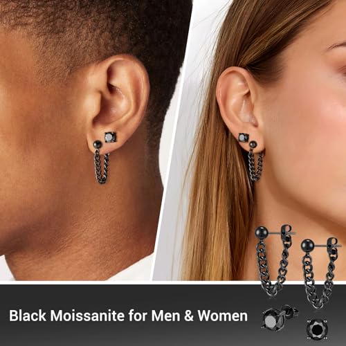Black Moissanite Stud Earrings for Men Women with Dangling Cuban Links Hypoallergenic Punk Hoop Earrings Mens Jewelry Gifts - color: C- 1.6 carats-(0.8ct*2)-6mm Round Moissanite Studs ‌&‌ 5mm Bead Chain Hoops