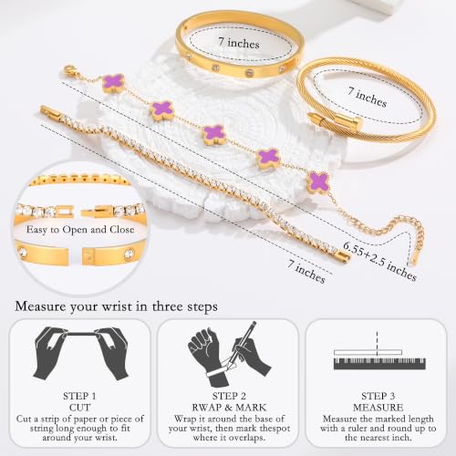 18K Gold Plated Bangle Bracelets Stack for Women,Four Leaf Clover Stackable Bracelets Non Tarnish,4 Pcs Jewelry sets Gifts - color: Purple