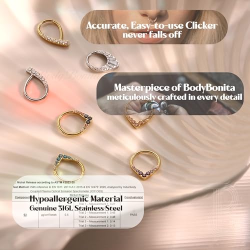 316L Stainless Steel 16G Teardrop 5A CZ Septum Nose Rings Daith Piercing | Hinged Seamless Septum Nose Ring CZ Helix Tragus Daith Piercing Jewelry for Women Silver, Black, 14K Gold Plated 8mm/10mm - color: Gold, Clear CZ(5A), size: 16g(1.2mm)-8mm