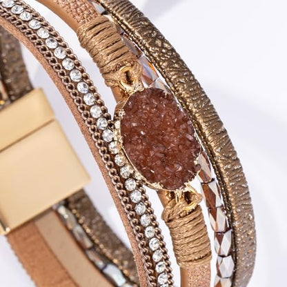 Boho Leather Wrap Bracelets Beaded Stackable Cuff Bracelet Country Concert Outfits Cowboy Cowgirl Western Jewelry Gifts for Women - color: Stone-Brown