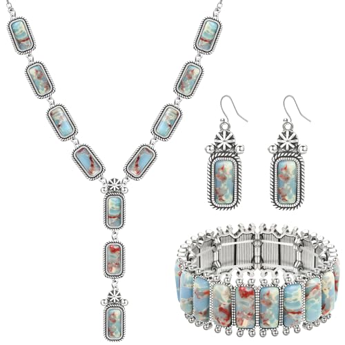 NEWITIN 4 Pieces Silver Bohemian Jewelry Set for Women Fashion Costume Jewels Turquoise Necklace Bracelet Earrings Western Turquoise Jewelry Set for Women - color: Colorful Turquoise