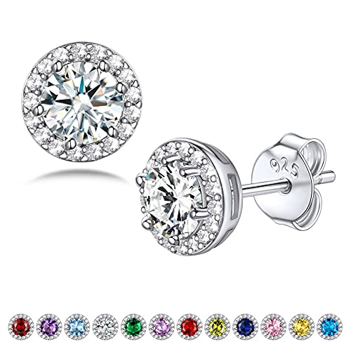 Bestyle Sparkling 925 Sterling Silver Birthstone Stud Earrings for Women, Heart/Round/Teardrop/Square Solitaire Diamond Studs Earrings, Great Birthday/Christmas Gifts - style: 04. White Diamond-April-round