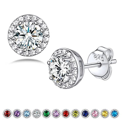 Bestyle Sparkling 925 Sterling Silver Birthstone Stud Earrings for Women, Heart/Round/Teardrop/Square Solitaire Diamond Studs Earrings, Great Birthday/Christmas Gifts - style: 04. White Diamond-April-round