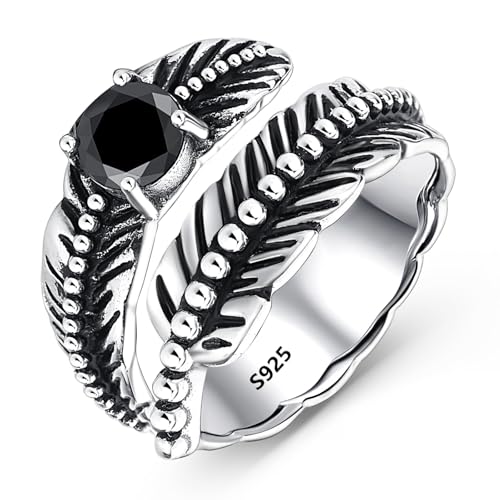 AVECON S925 Sterling Silver Turquoise/Labradorite/Just Breathe/Onyx Rings | Hypoallergenic Adjustable Open Feather Gift Women Men Thumb Spoon Statement Western Band Jewelry for Anniversary - color: Black Onyx