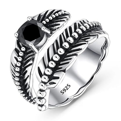 AVECON S925 Sterling Silver Turquoise/Labradorite/Just Breathe/Onyx Rings | Hypoallergenic Adjustable Open Feather Gift Women Men Thumb Spoon Statement Western Band Jewelry for Anniversary - color: Black Onyx