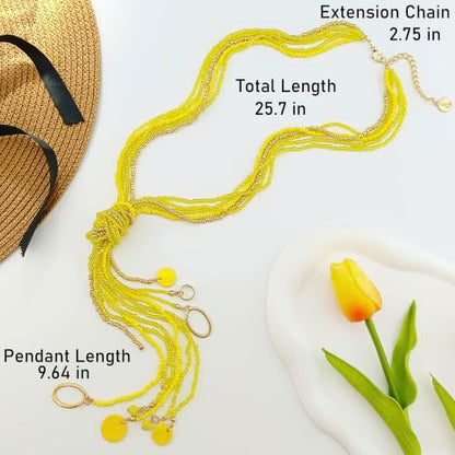 Coiris Long Seed Beaded Multi Strand Necklace,10 Multiple Statement Long Bib Necklace with Tie Knot for Women and Girls Jewelry - color: Yellow