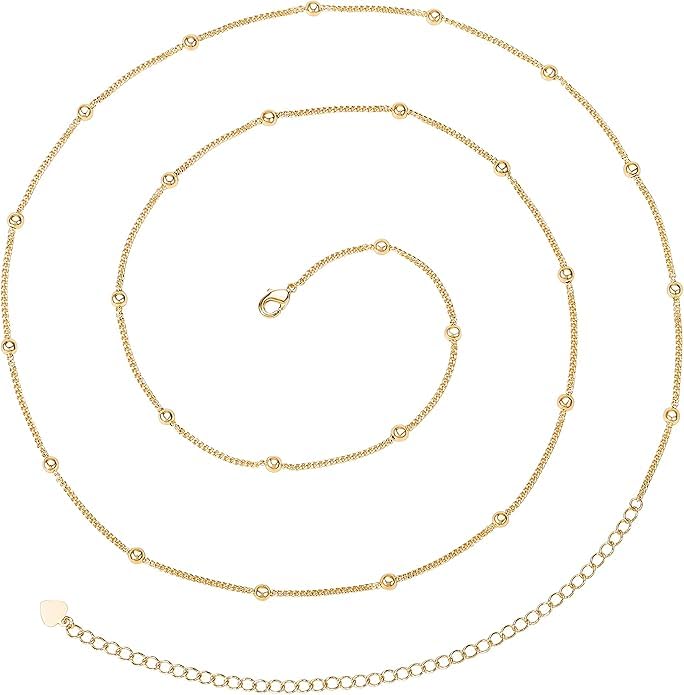 14K Gold Waist Chain for Women, Plated Layered Belly Chain for The Waist Adjustable Waterproof Sexy Bikini Satellite Beads Chain Summer Non Tarnish Body Chain Jewelry Gifts for Women - color: SINGLE