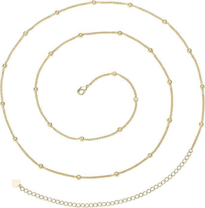 14K Gold Waist Chain for Women, Plated Layered Belly Chain for The Waist Adjustable Waterproof Sexy Bikini Satellite Beads Chain Summer Non Tarnish Body Chain Jewelry Gifts for Women - color: SINGLE