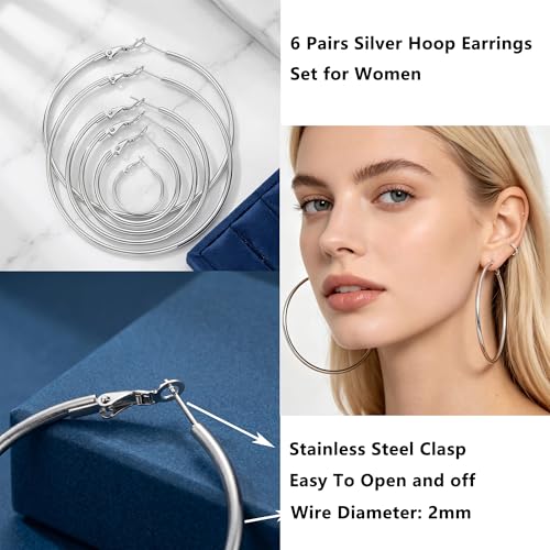 6 Pairs Silver Hoop Earrings for Women | Hypoallergenic Stainless Steel Lightweight Small Medium Large Hoops Set, 20-70mm Clip on Sterling Silver Post Jewelry