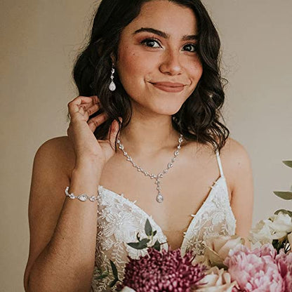 Teardrop Marquise Cubic Zirconia Wedding Prom Jewelry Set for Women Bridal | Silver/Gold/Rose Gold Plated, Pear Cut Pendant Necklace Drop Earrings Link Bracelet, for Bride Bridesmaid, for Banquet Party - style: A_Three Set, Silver-Tone