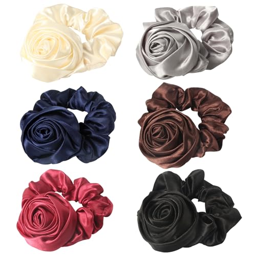 Scrunchie with Flowers, Women's Rose Ponytail Holders, Elastic Hair Bands and Ribbons Hair Accessories Pack of 6 | Fabric Scrunchies, Ponytail Holders Elastic Hair Bands, Flower Hair Tie, Hair Ribbon Scrunchie, Hair Accessories