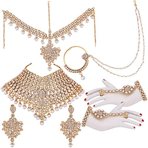 Aheli Bollywood Style Indian Bridal Choker Necklace Matha Patti Nose Ring Haath Phool Wedding Fashion Bharatanatyam jewellery set for Women - color: White