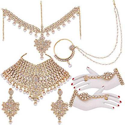Aheli Bollywood Style Indian Bridal Choker Necklace Matha Patti Nose Ring Haath Phool Wedding Fashion Bharatanatyam jewellery set for Women - color: White