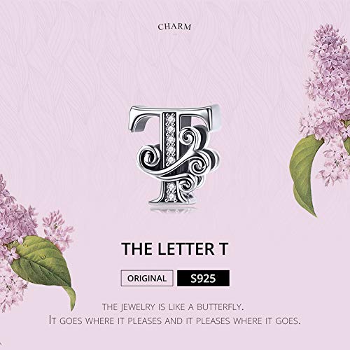 BISAER 925 Sterling Silver Initial Letter A-Z Charms for Bracelets Alphabet Beads Charm Jewelry Gifts - color: Letter T