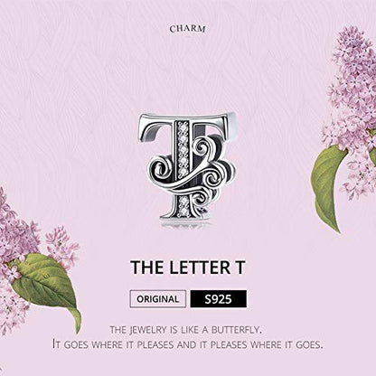 BISAER 925 Sterling Silver Initial Letter A-Z Charms for Bracelets Alphabet Beads Charm Jewelry Gifts - color: Letter T