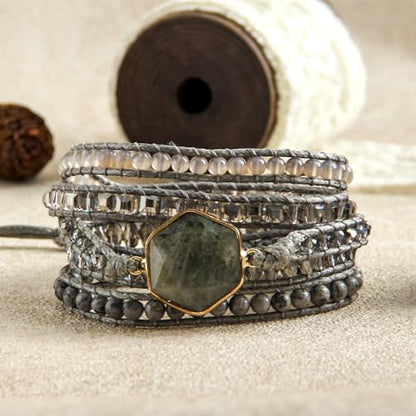 Handmade Boho Wrap Bracelets Natural Turquoise Crystal Stone Variety Beaded Strand Bracelet - color: Labradorite #2