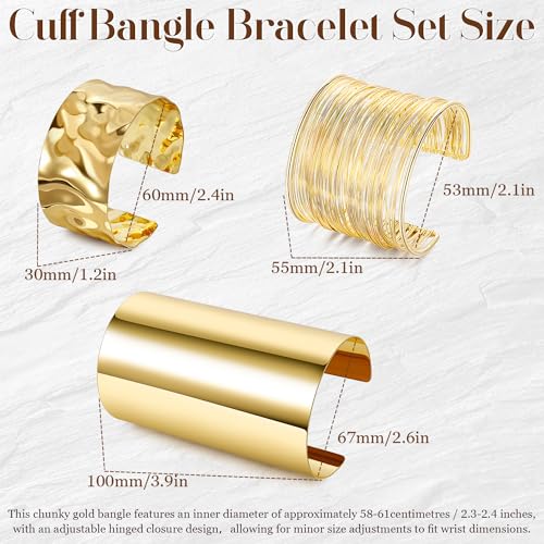 3PCS Chunky Cuff Bracelets for Women Irregular Minimalist Statement Bangle Bracelets Set Open Wide Wire Grooved Hammered Bangle Bracelet Gold Sliver Wrist Cuff Wrap Bracelet Adjustable - color: Gold Cuff Bracelets B