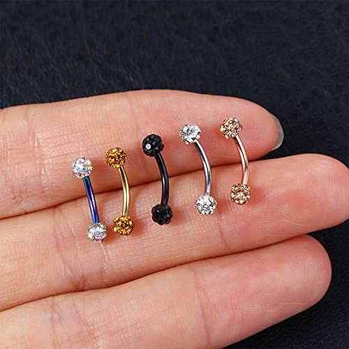 16G Stainless Steel Body Piercing Jewelry, Rhinestone Curved Barbell Eyebrow Rings, Curved Eyebrow Rings Button Ring - color: black