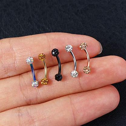 16G Stainless Steel Body Piercing Jewelry, Rhinestone Curved Barbell Eyebrow Rings, Curved Eyebrow Rings Button Ring - color: black