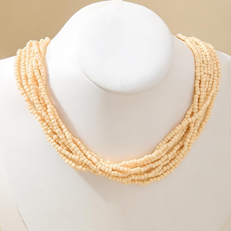 Colorful Multi-layered Seed Beaded Necklace Choker For Women Bohemian Handmade Crystal Stone Gemstone Hawaiian Necklace Holiday Birthday Summer Beach Jewelry Gift - color: Off-White