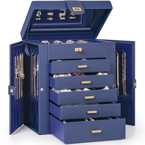 AKOZLIN 6-Tier Jewelry Box Organizer Functional 5 Drawers Leather Jewelry Storage Case for Women Girls Ring Necklace Earring Bracelet Holder Organizer with Mirror Medium Blue - color: Blue, size: Medium