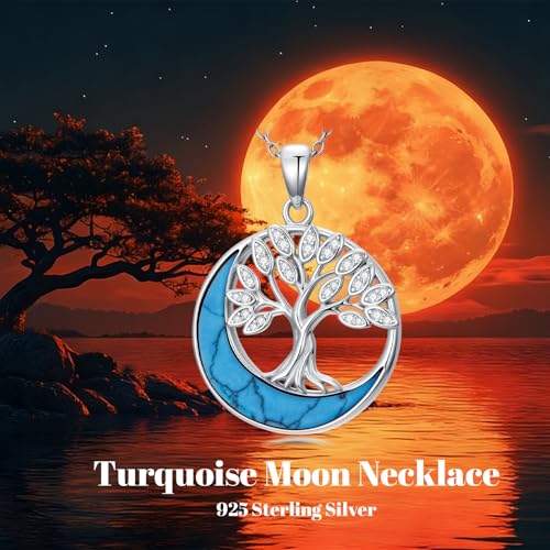 925 Sterling Silver Turquoise Moon Pendant Necklace for Women, Snake/Flower/Bow/Tree of Life/Star Moon Necklace, Dainty Jewelry for Daily Wear & Gifts - style: Style 1
