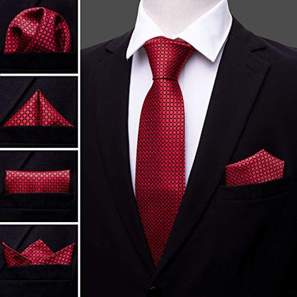 YOHOWA Men Plaid/Striped Ties Clip Set Silk Necktie Pocket Square Cufflinks | Woven Classic,Formal/Casual Mens Tie,Pocket Square Cufflinks Set,Luxury,Business,Wedding,Party,Prom,Graduation - color: A Red Fashion Plaid
