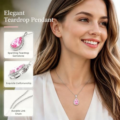 VONSSY Classic Oval Pendant Gemstone Necklace | Crystal Ruby Sapphire Waterdrop Birthstone Teardrop Emerald Necklace | 18K Platinum Gold Plated Chain | Jewelry Gift for Mother Wife Girlfriend - color: NL-Pink-Platinunm