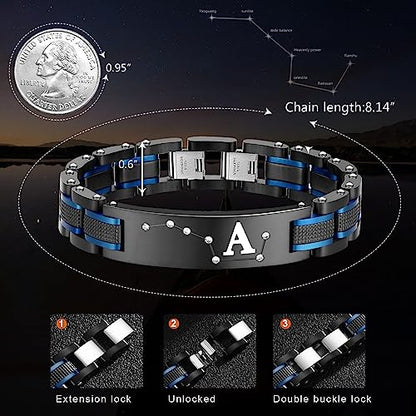 Men's Bracelet, Black and Blue Ion Stainless Steel, Initial Curved Plate, Gift for Boyfriend, Husband, Father, Comes with Gift Box - color: blue-blackL