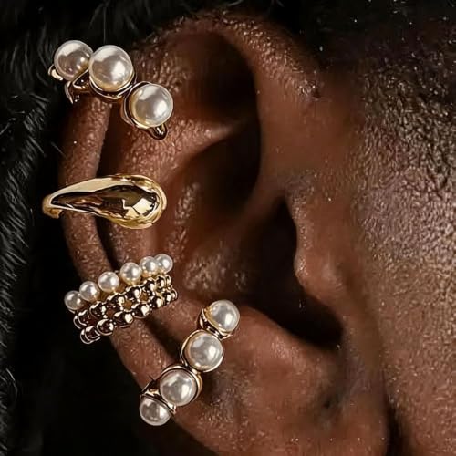 4 Pcs Women’s Clip-On Ear Cuff Set, Luxury Old Money Style Faux Pearl Earrings, Irregular Bohemian Statement Ear Cuffs, Elegant Jewelry for Daily Wear, Vacation, Date, Wedding, Banquet & Party, surprise Girlfriend,Friends for Birthdays & Holidays - color: