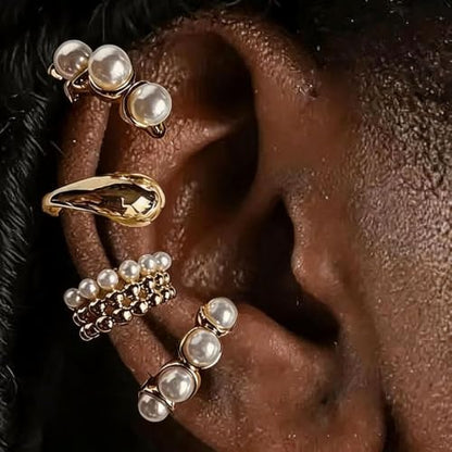 4 Pcs Women’s Clip-On Ear Cuff Set, Luxury Old Money Style Faux Pearl Earrings, Irregular Bohemian Statement Ear Cuffs, Elegant Jewelry for Daily Wear, Vacation, Date, Wedding, Banquet & Party, surprise Girlfriend,Friends for Birthdays & Holidays - color: