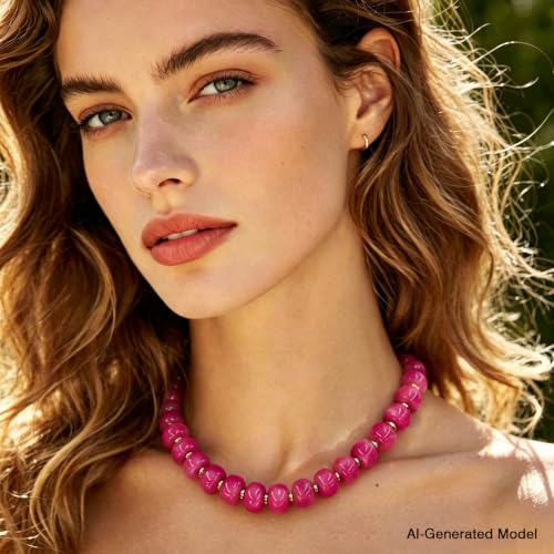 Colorful Chunky Resin Beaded Choker Necklaces for Women | Multicolor Beads, Sturdy Metal Chain, Adjustable, Detachable, Lightweight, Summer Beach Boho, Trendy Statement Jewelry Gift - color: Rose Red