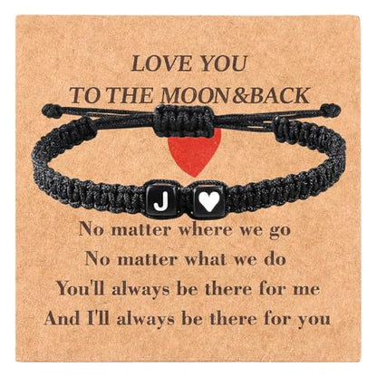 Valentines Day Gifts for Him Her Heart Love Letter Initial Matching Couple Bracelets for Women Men Teen Gifts Best Friend Graduation Birthday Gifts A-Z Braided Bracelet Son Daughter Dad Jewelry - color: Black-J