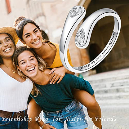 Fookduoduo 925 Sterling Silver Ring Inspirational Jewelry adjustable Wrap Open Rings for Women - style: Always my sister forever my friend，style 2