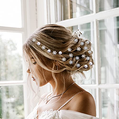 MTLEE 40 Pcs Rhinestone Hair Pins for Women Silver Flower Pearl | Hair Pins Decorative U Shape Diamond Wedding Hairs Accessories for Prom Brides Bridesmaids Women