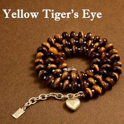 Boho Gemstone Beaded Necklace for Women – Colorful Natural Stone Choker 18K Solid Heart-Shaped Pendant, Summer Beach Jewelry - color: Yellow Tiger's Eye